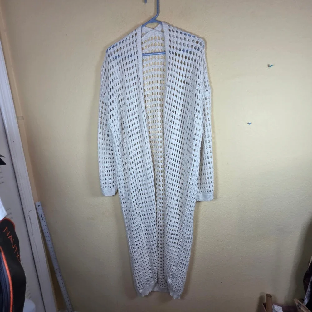 White Open Knit crochet coastal boho prarie Maxi Cardigan‎ Duster Coverup XXL